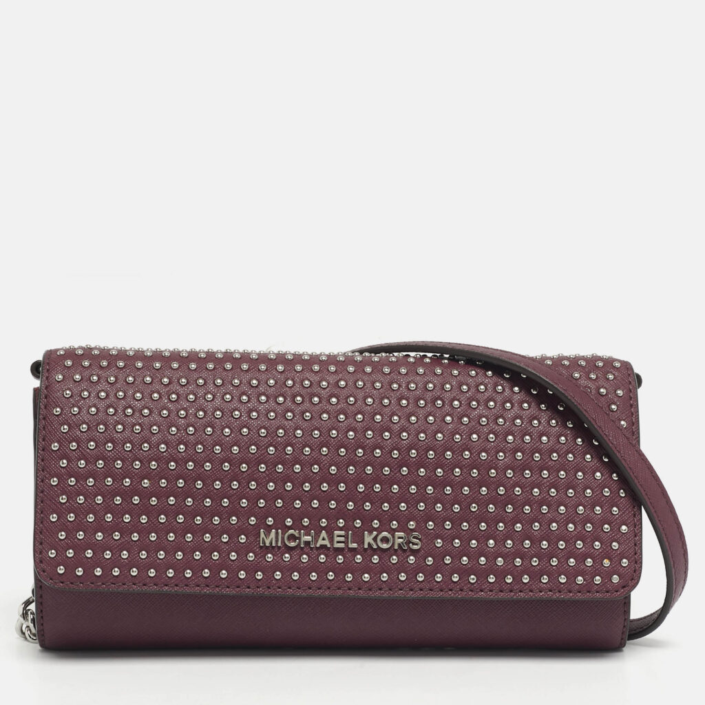 Michael Kors Plum Leather Studded Flap Wallet On Chain Michael Kors Plum Leather Studded Flap Wallet On Chain
