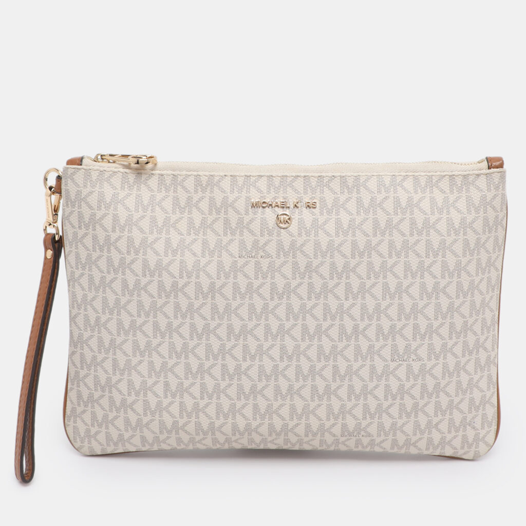 Michael Kors Cream/Brown Coated Canvas and Leather Slater 2-in-1 Wristlet Clutch Michael Kors Cream/Brown Coated Canvas and Leather Slater 2-in-1 Wristlet Clutch