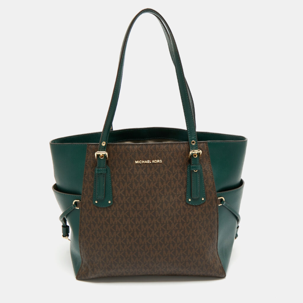 Michael Kors Green/Brown Signature Coated Canvas and Leather Voyager East West Tote Michael Kors Green/Brown Signature Coated Canvas and Leather Voyager East West Tote