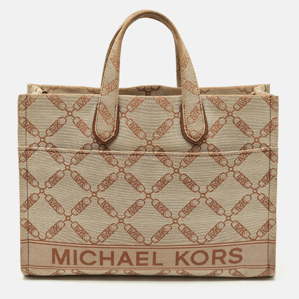 Michael Kors Beige/Brown Logo Jacquard Canvas Large GIgi Tote Michael Kors Beige/Brown Logo Jacquard Canvas Large GIgi Tote