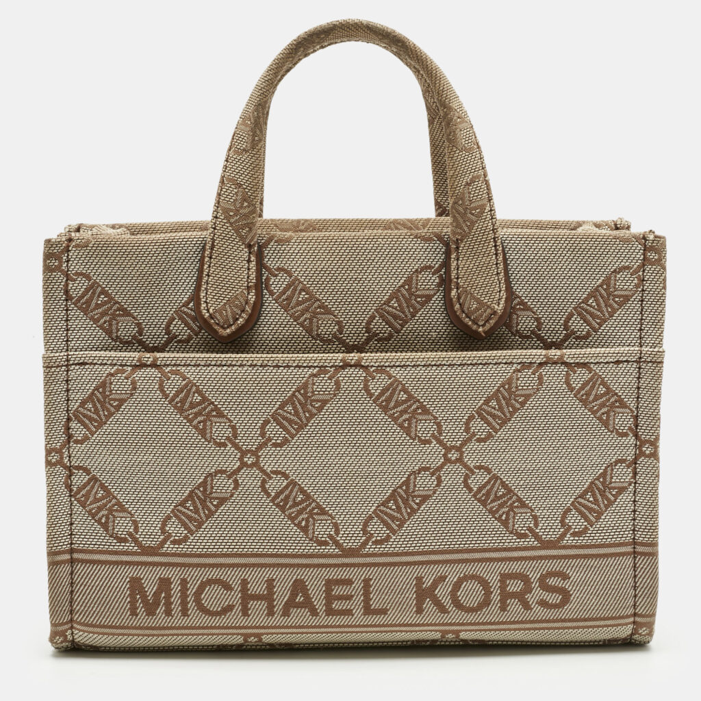 luxury-women-michael-kors-used-handbags-p1210292-016.jpg Michael Kors Beige Empire Logo Jacquard Canvas Small Gigi Tote