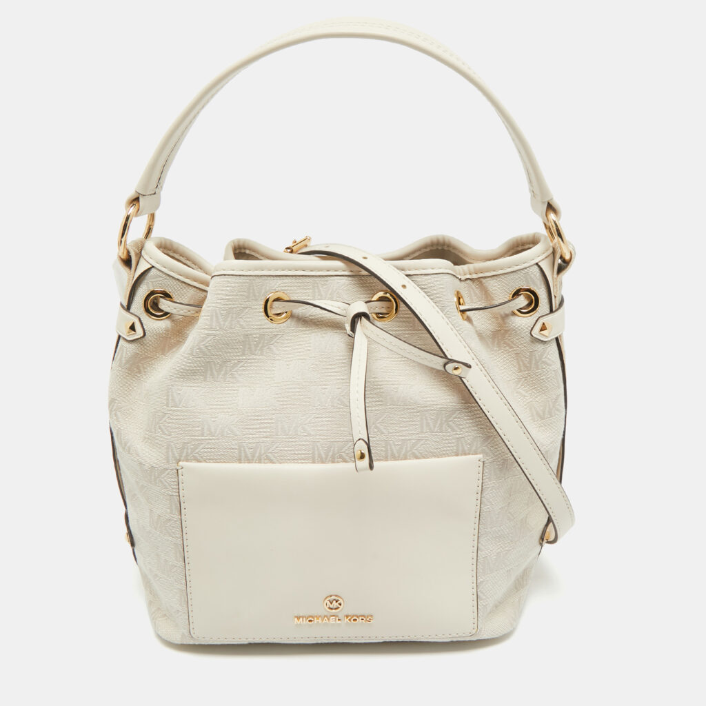 Michael Kors Natural Logo Jacquard Canvas Medium Maeve Bucket Bag Michael Kors Natural Logo Jacquard Canvas Medium Maeve Bucket Bag