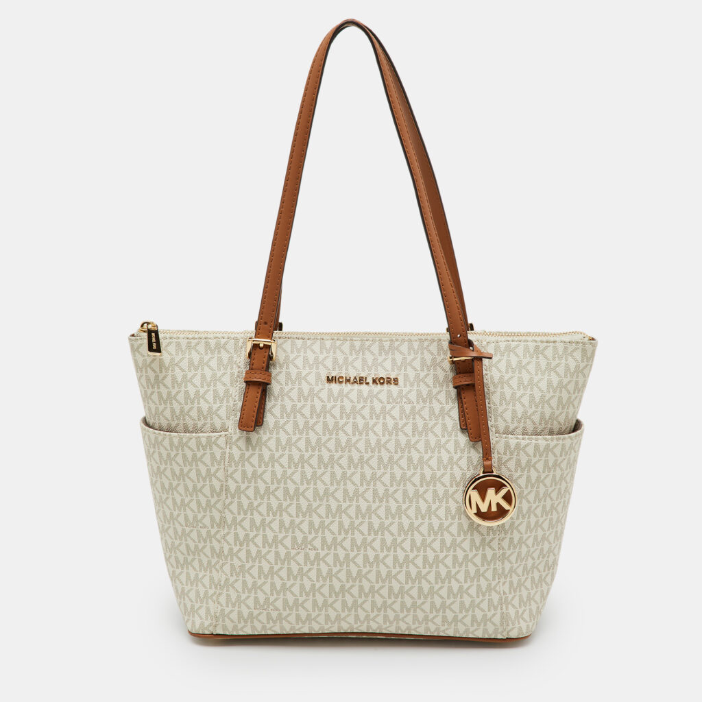 Michael Kors White/Brown Signature Coated Canvas and Leather Charlotte Top Zip Tote Michael Kors White/Brown Signature Coated Canvas and Leather Charlotte Top Zip Tote