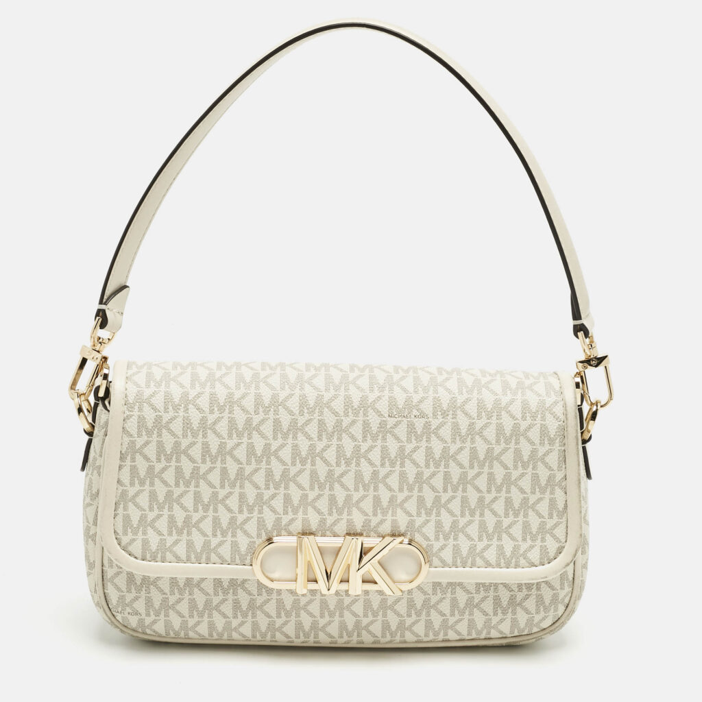 Michael Kors White Signature Coated Canvas and Leather Parker Medium Logo Shoulder Bag Michael Kors White Signature Coated Canvas and Leather Parker Medium Logo Shoulder Bag