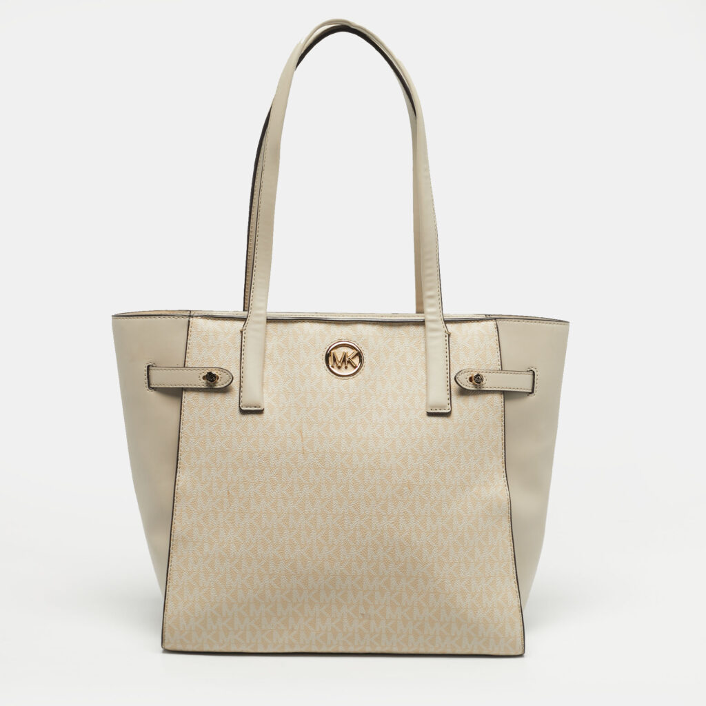 luxury-women-michael-kors-used-handbags-p1218049-012.jpg Michael Kors Cream/Beige Signature Coated Canvas Carmen Tote