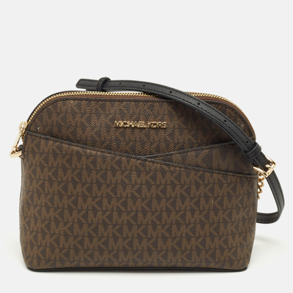 Michael Kors Dark Brown Signature Coated Canvas Jet Set Travel Dome Crossbody Bag Michael Kors Dark Brown Signature Coated Canvas Jet Set Travel Dome Crossbody Bag