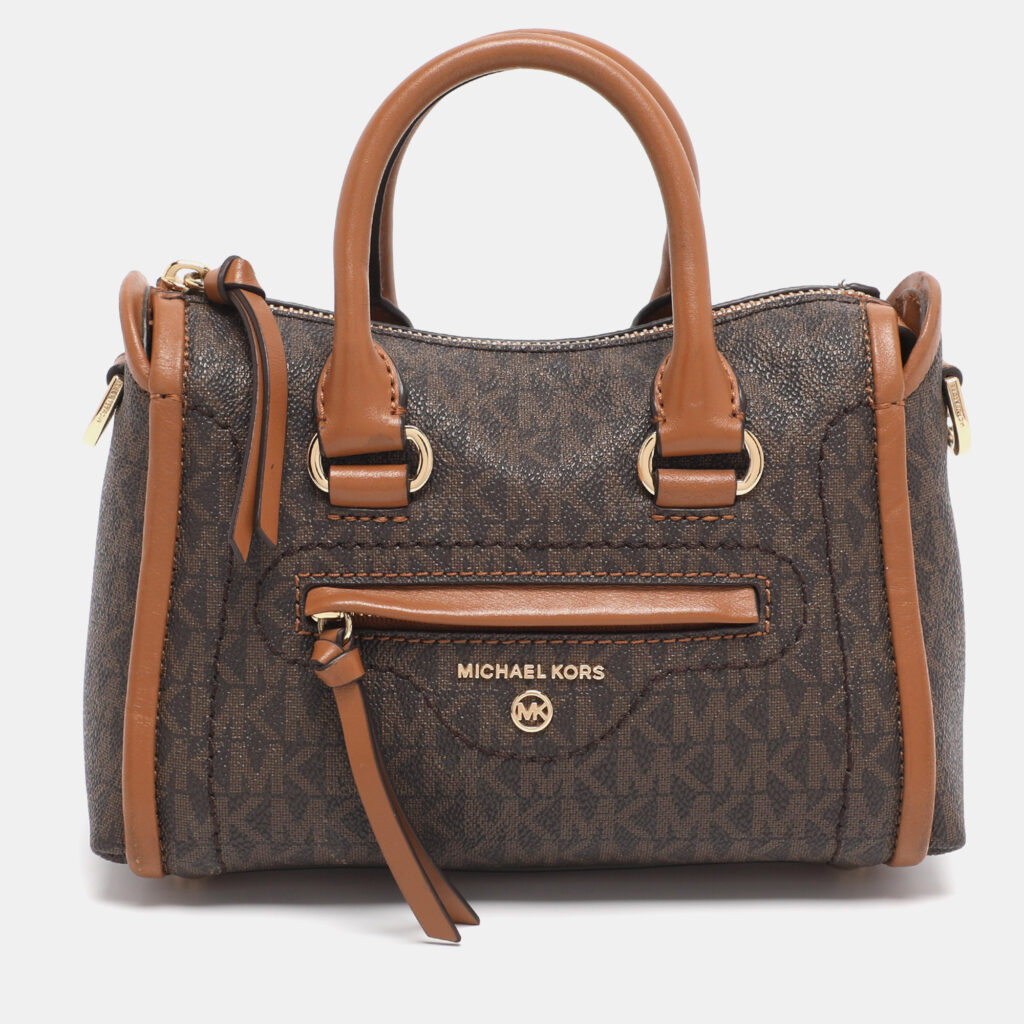 luxury-women-michael-kors-used-handbags-p1224238-015-1.jpg Michael Kors Brown Coated Canvas and Leather Extra Small Carine Satchel