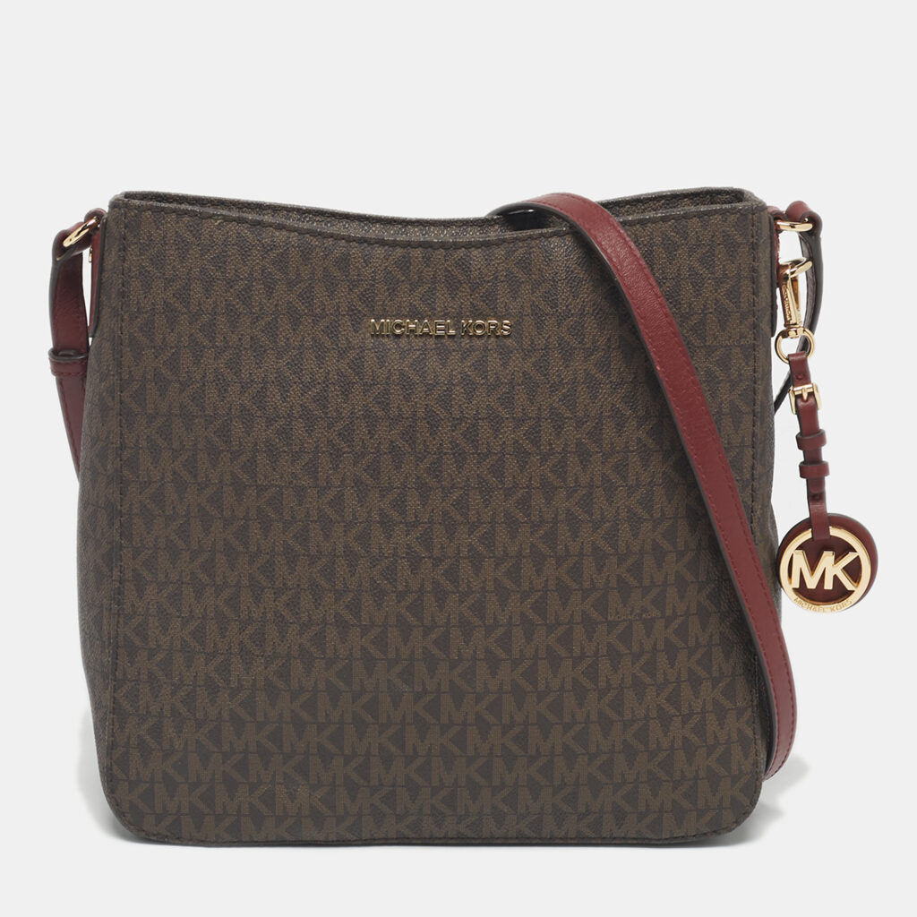 Michael Kors Burgundy/Brown Signature Coated Canvas and Leather Jet Set Travel Messenger Bag Michael Kors Burgundy/Brown Signature Coated Canvas and Leather Jet Set Travel Messenger Bag