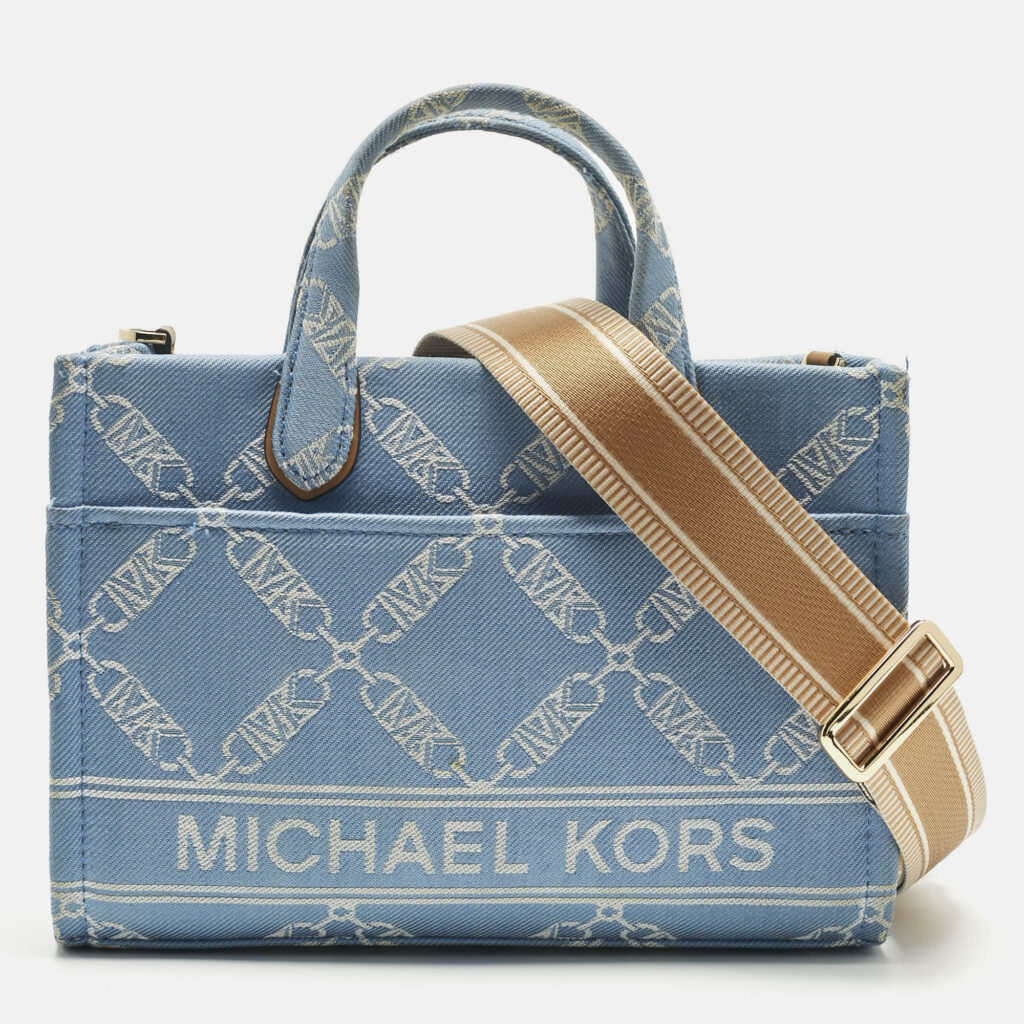 Michael Kors Blue/Beige Empire Logo Jacquard Canvas Small Gigi Tote