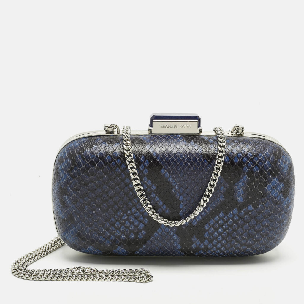 Michael Kors Blue/Black Python Embossed Leather Elsie Dome Chain Clutch Michael Kors Blue/Black Python Embossed Leather Elsie Dome Chain Clutch