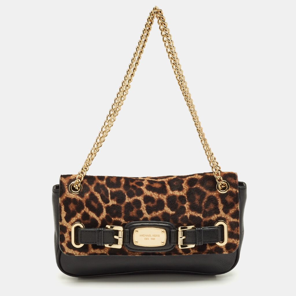 Michael Kors Black/Brown Leopard Print Calfhair and Leather Small Hamilton Flap Shoulder Bag Michael Kors Black/Brown Leopard Print Calfhair and Leather Small Hamilton Flap Shoulder Bag