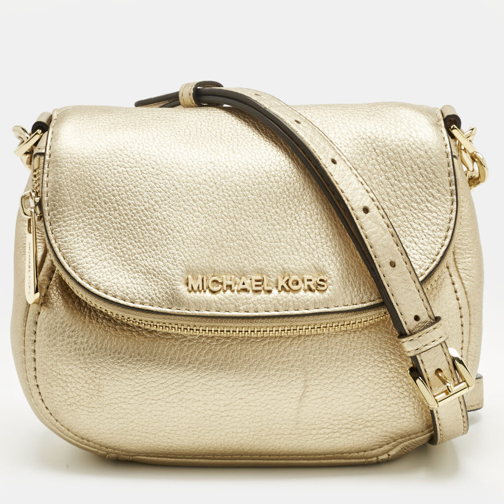 Michael Kors Gold Leather Bedford Flap Crossbody Bag