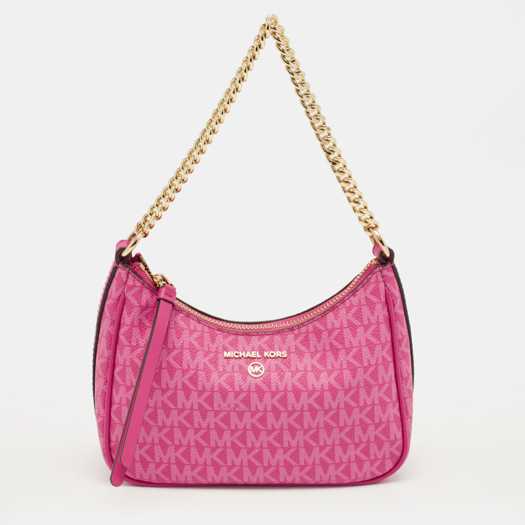 Michael Kors Pink Signature Coated Canvas and Leather Jet Set Charm Pochette Bag Michael Kors Pink Signature Coated Canvas and Leather Jet Set Charm Pochette Bag