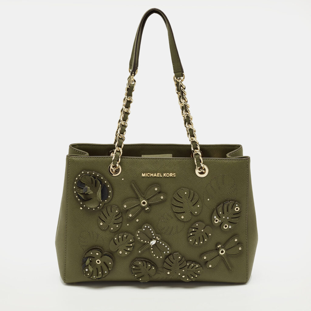 Michael Kors Green Leather Medium EW Susannah Embellished Tote Michael Kors Green Leather Medium EW Susannah Embellished Tote