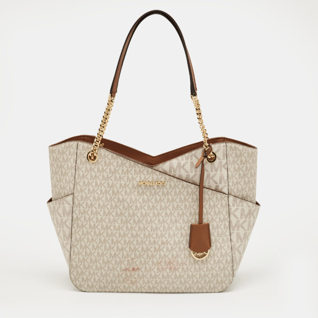 Michael Kors White/Brown Signature Coated Canvas and Leather Large Jet Set Travel Chain Bag