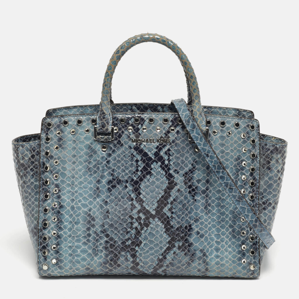 Michael Kors Blue Python Embossed Leather Large Embellished Selma Tote