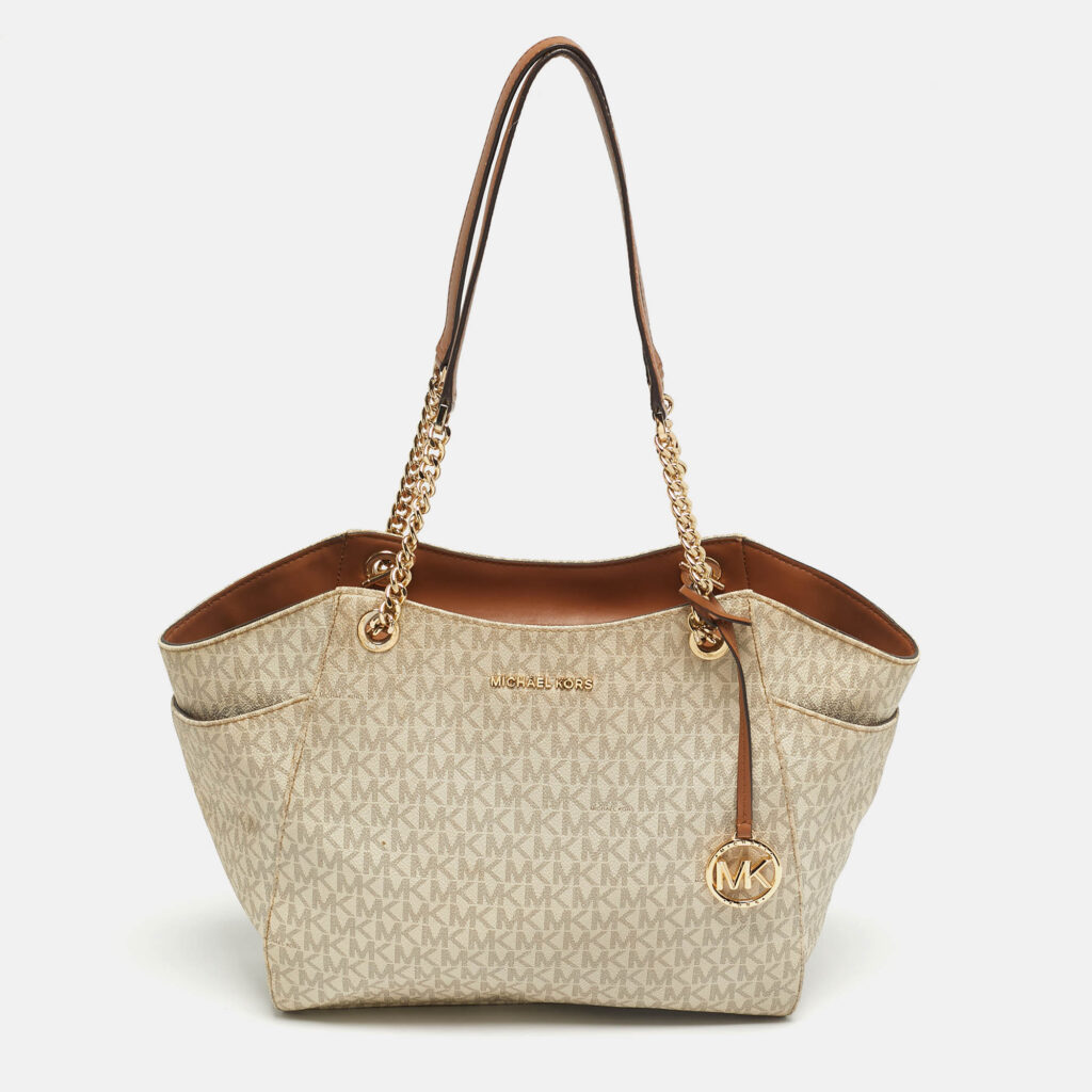 Michael Kors Off White/Brown Signature Coated Canvas Jet Set Travel Chain Tote Michael Kors Off White/Brown Signature Coated Canvas Jet Set Travel Chain Tote