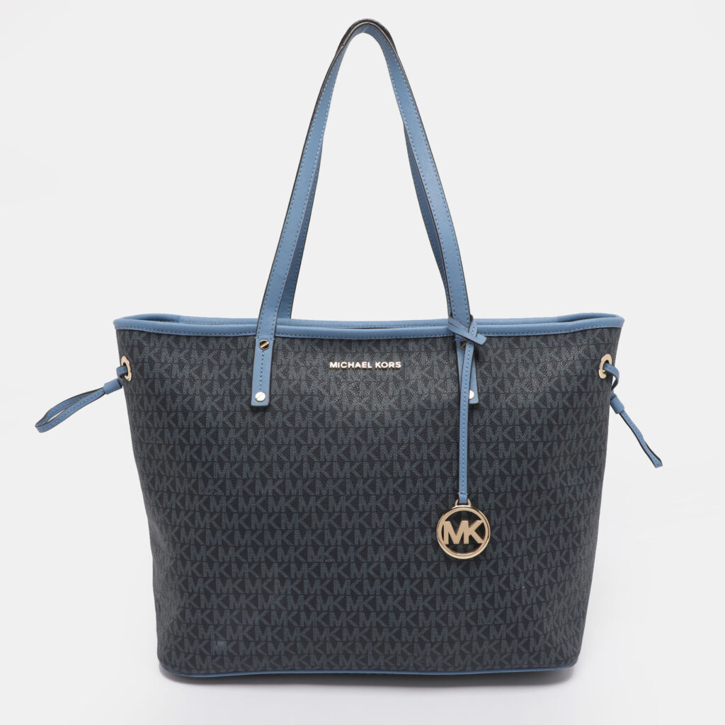 luxury-women-michael-kors-used-handbags-p1242897-001-1.jpg Michael Kors Blue Signature Coated Canvas and Leather Jet Set Travel Tote