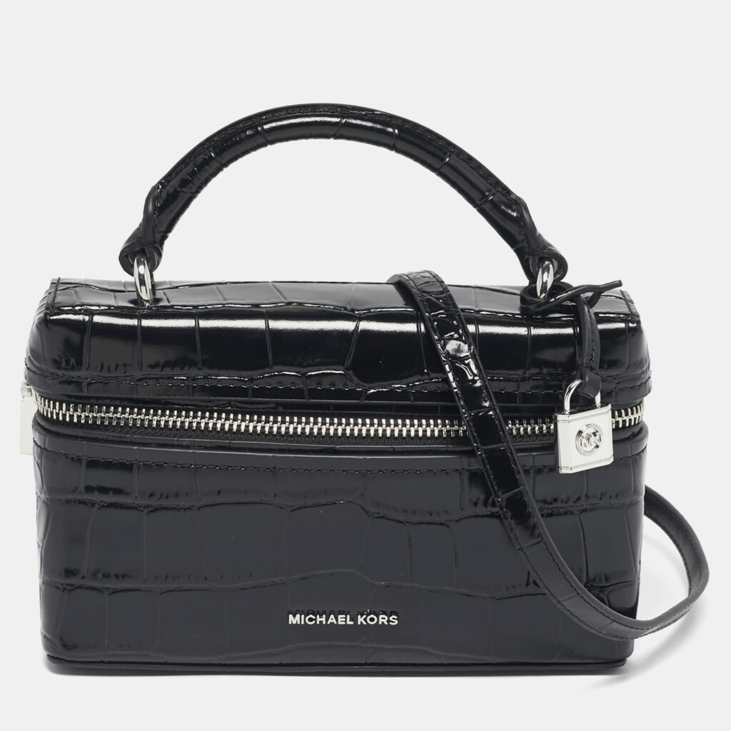 Michael Kors Black Croc Embossed Leather Jana Top Handle Bag Michael Kors Black Croc Embossed Leather Jana Top Handle Bag