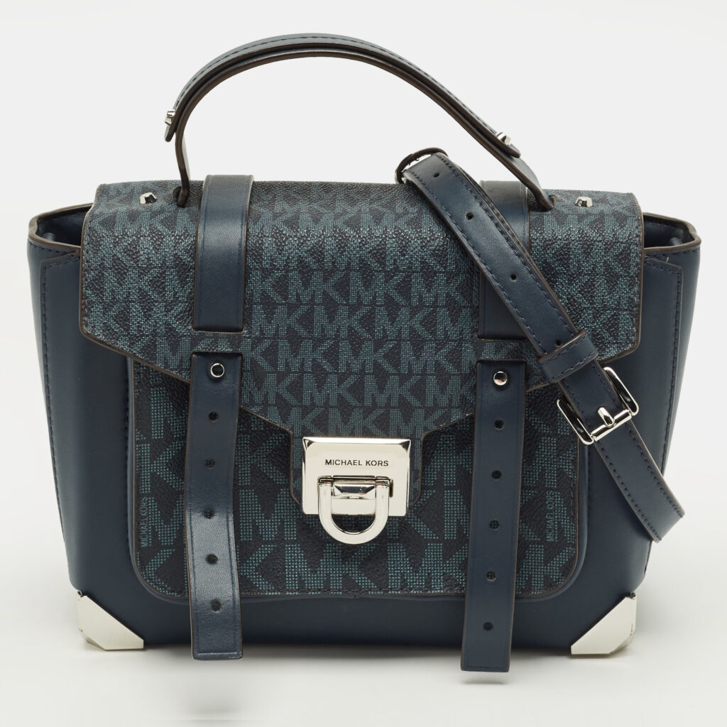 Michael Kors Manhattan Medium Navy Blue Signature Coated Canvas Top Handle Bag