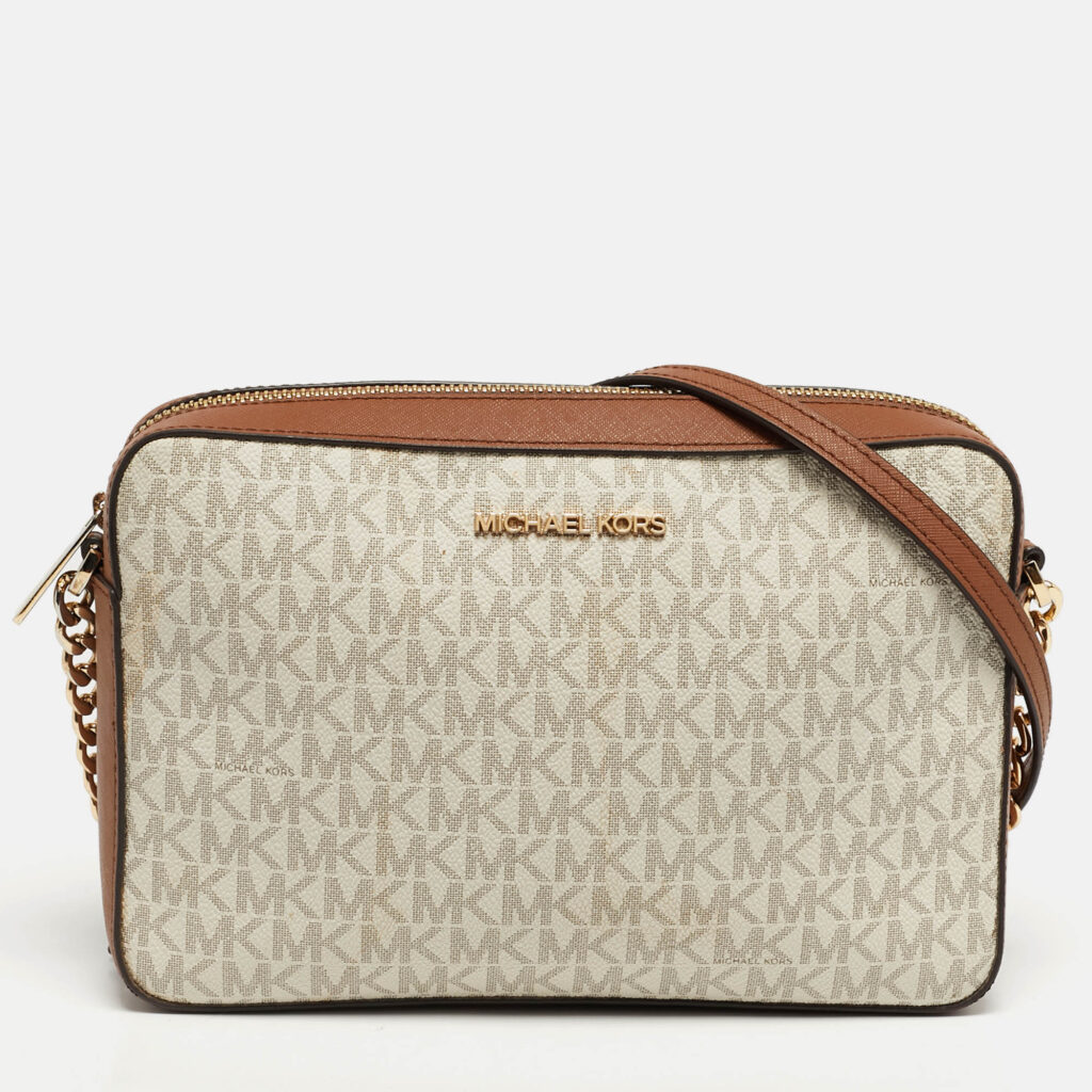 Michael Kors Jet Set Camera Brown/Off White Signature Coated Canvas and Leather Crossbody Bag Michael Kors Jet Set Camera Brown/Off White Signature Coated Canvas and Leather Crossbody Bag