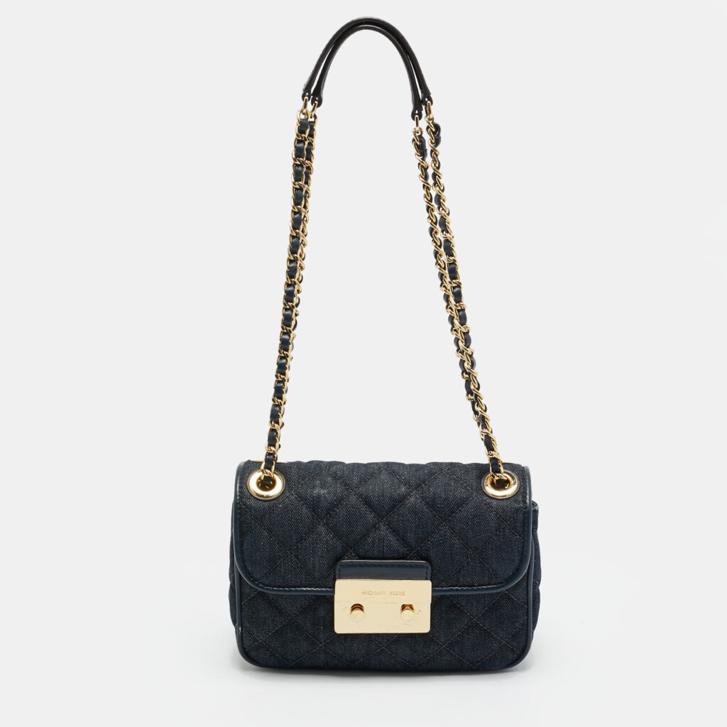 Michael Kors Sloan Small Navy Blue Quilted Denim Shoulder Bag Michael Kors Sloan Small Navy Blue Quilted Denim Shoulder Bag