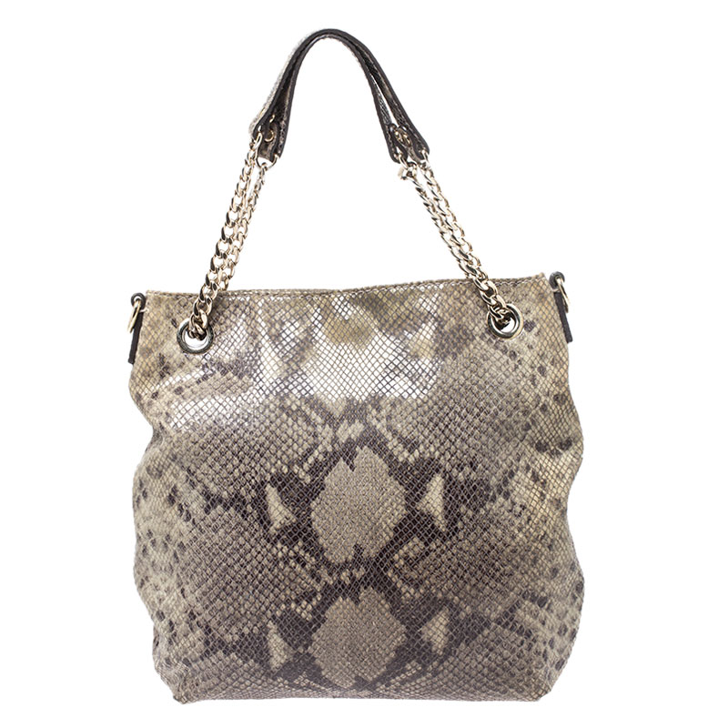 Michael Kors Green/Black Python Embossed Suede Chain Tote