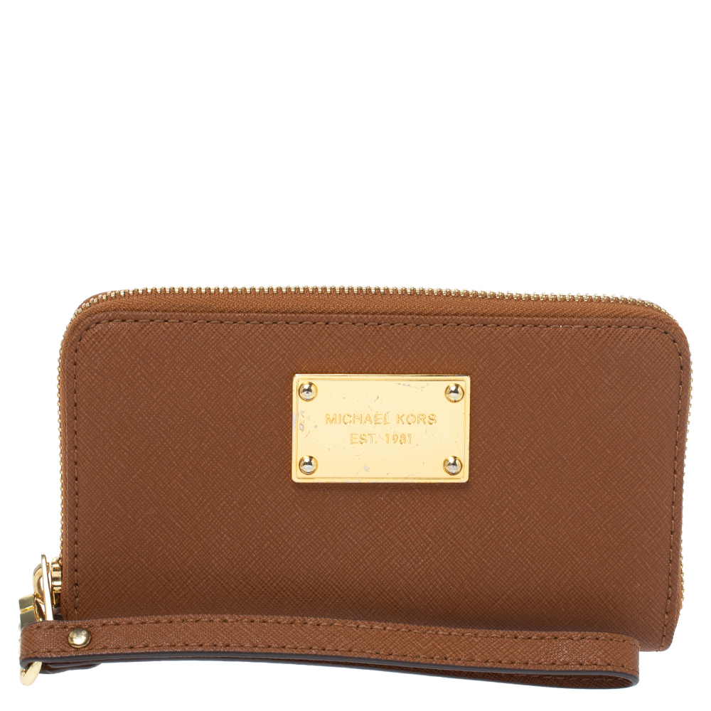 Michael Kors Brown Leather Jet Set Zip Around Wristlet Wallet Michael Kors Brown Leather Jet Set Zip Around Wristlet Wallet