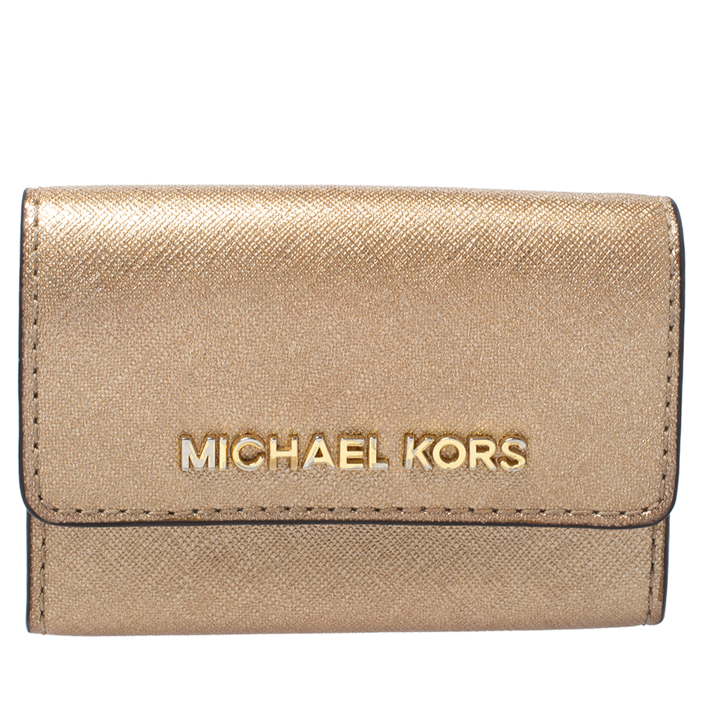 Michael Kors Metallic Gold Leather Flap Card Holder Michael Kors Metallic Gold Leather Flap Card Holder