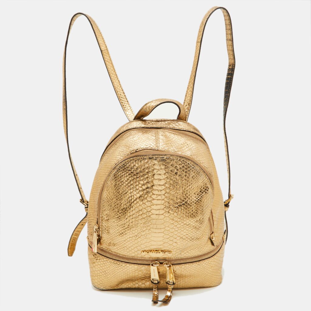 Michael Kors Metallic Gold Python Embossed Leather Small Rhea Backpack Michael Kors Metallic Gold Python Embossed Leather Small Rhea Backpack