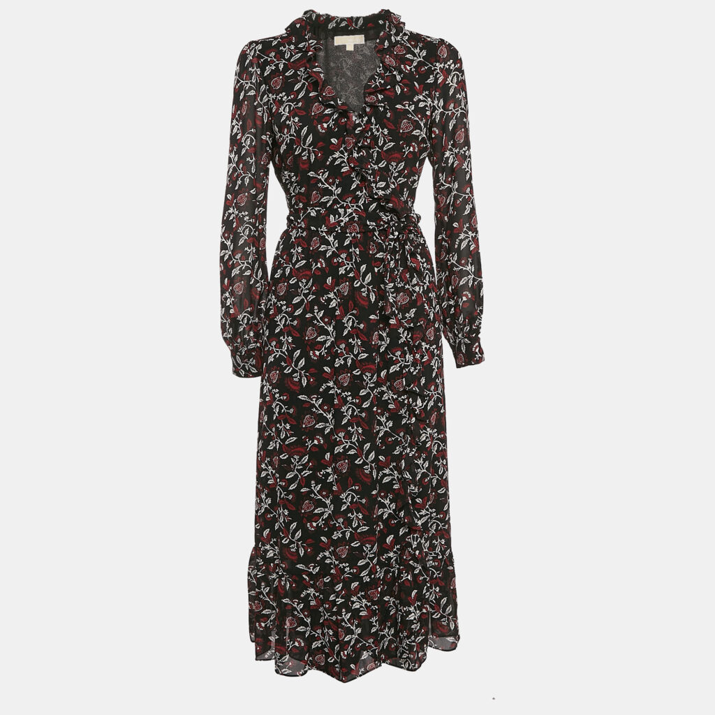 MICHAEL Michael Kors Black Floral Print Crepe Wrap Dress S MICHAEL Michael Kors Black Floral Print Crepe Wrap Dress S