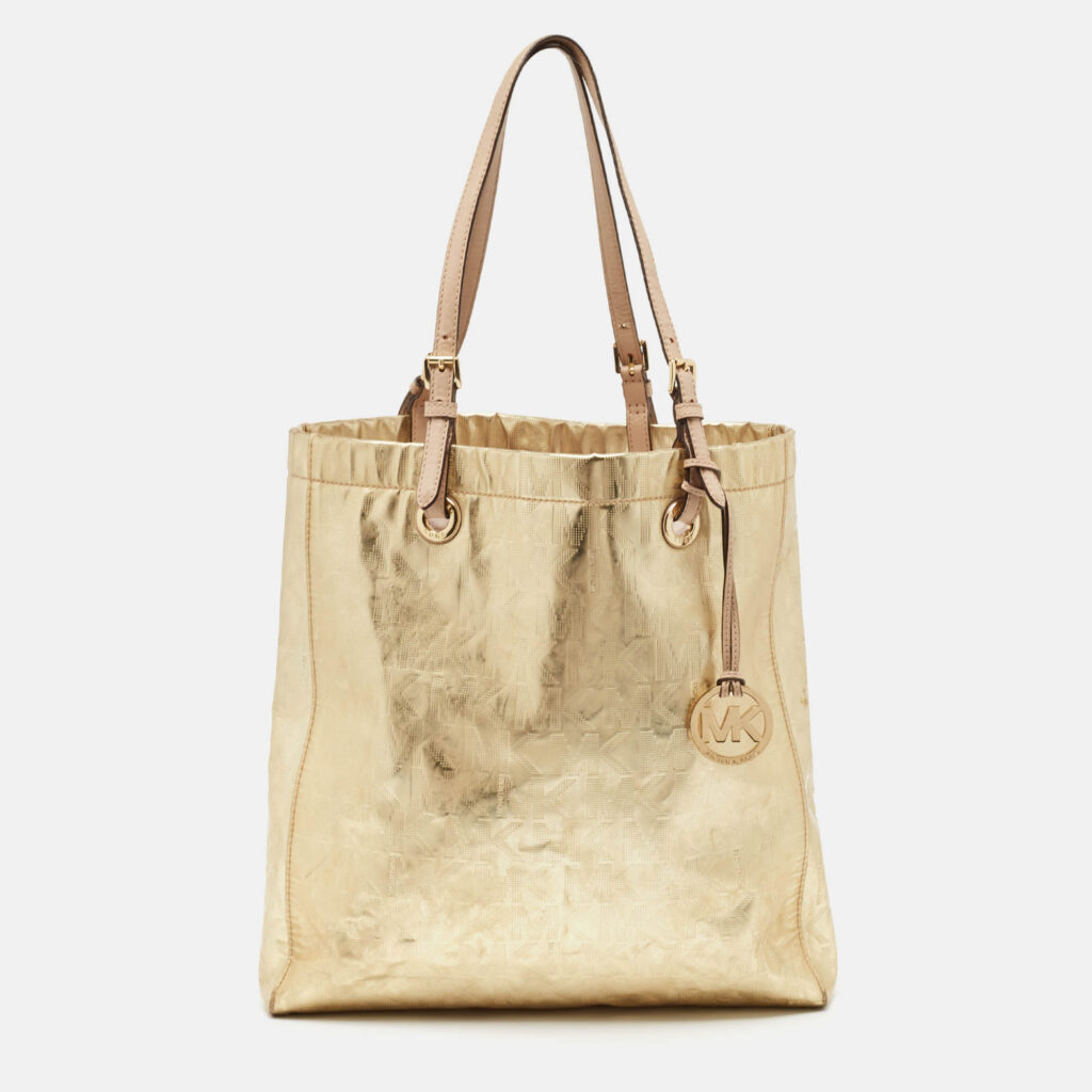 MICHAEL Michael Kors Gold Signature Mirrored Patent Leather North South Tote MICHAEL Michael Kors Gold Signature Mirrored Patent Leather North South Tote