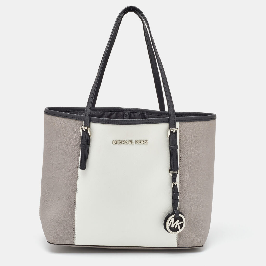 MICHAEL Michael Kors Grey/White Saffiano Leather Jet Set Tote MICHAEL Michael Kors Grey/White Saffiano Leather Jet Set Tote