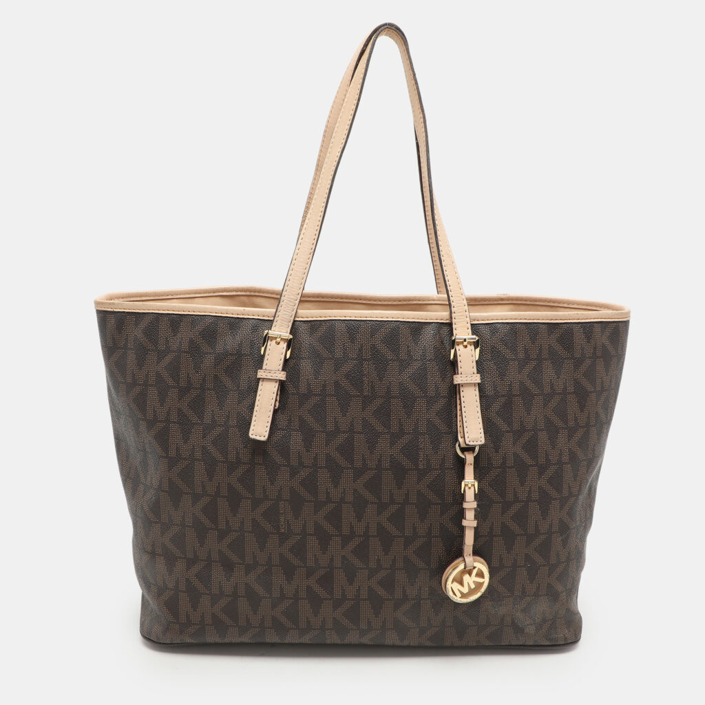 MICHAEL Michael Kors Brown Coated Canvas And Leather Jet Set Travel Tote MICHAEL Michael Kors Brown Coated Canvas And Leather Jet Set Travel Tote
