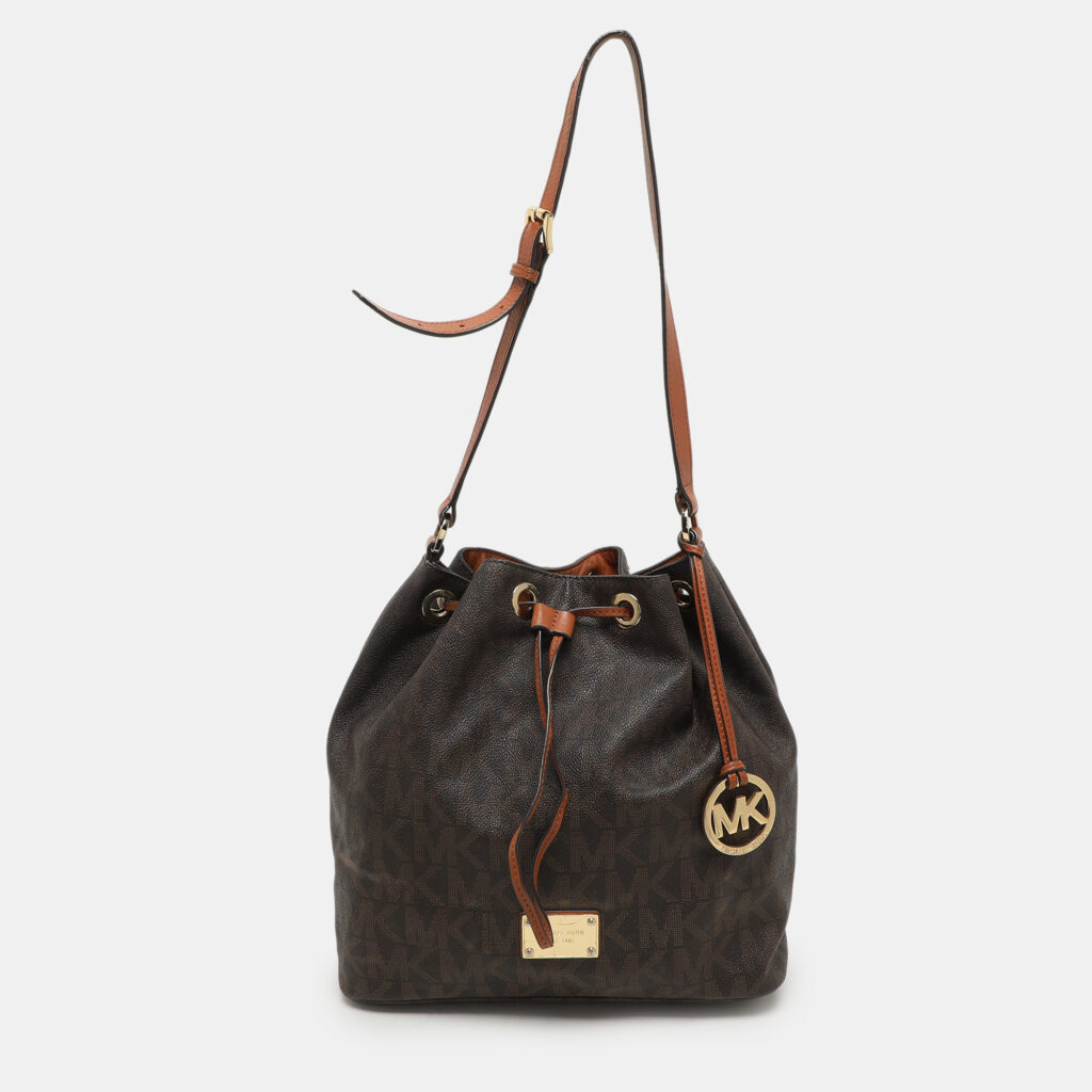 MICHAEL Michael Kors Dark Brown Signature Coated Canvas and Leather Frankie Drawstring Bucket Bag