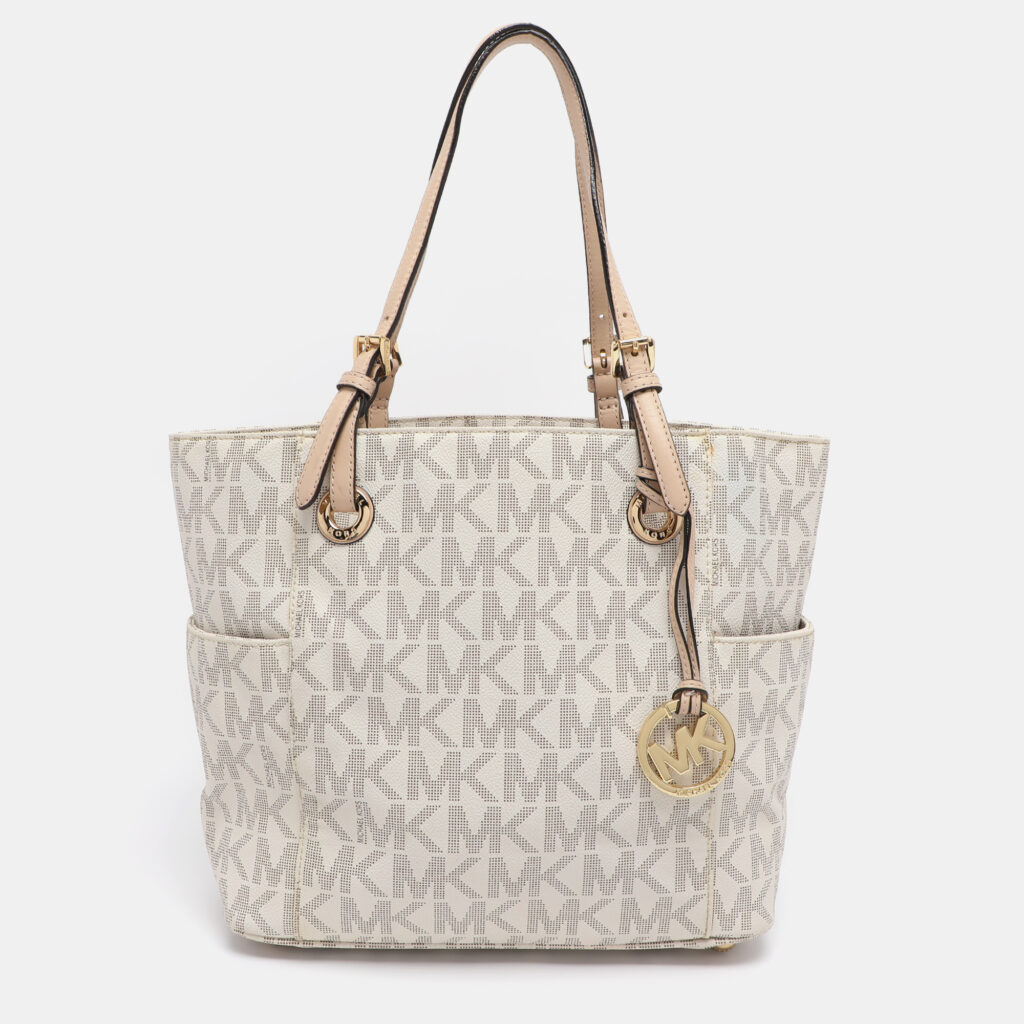MICHAEL Michael Kors Off White/Beige Signature Coated Canvas and Leather Jet Set East West Tote