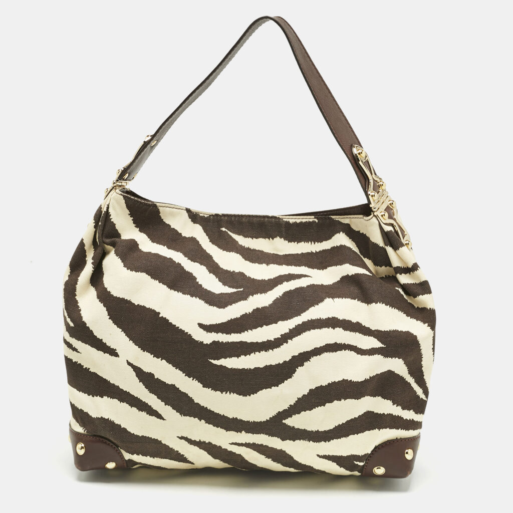 MICHAEL Michael Kors Brown/Cream Zebra Print Canvas and Leather Hobo MICHAEL Michael Kors Brown/Cream Zebra Print Canvas and Leather Hobo