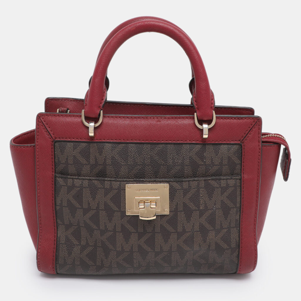 MICHAEL Michael Kors Brown/Red Signature Coated Canvas and Leather Tina Satchel MICHAEL Michael Kors Brown/Red Signature Coated Canvas and Leather Tina Satchel