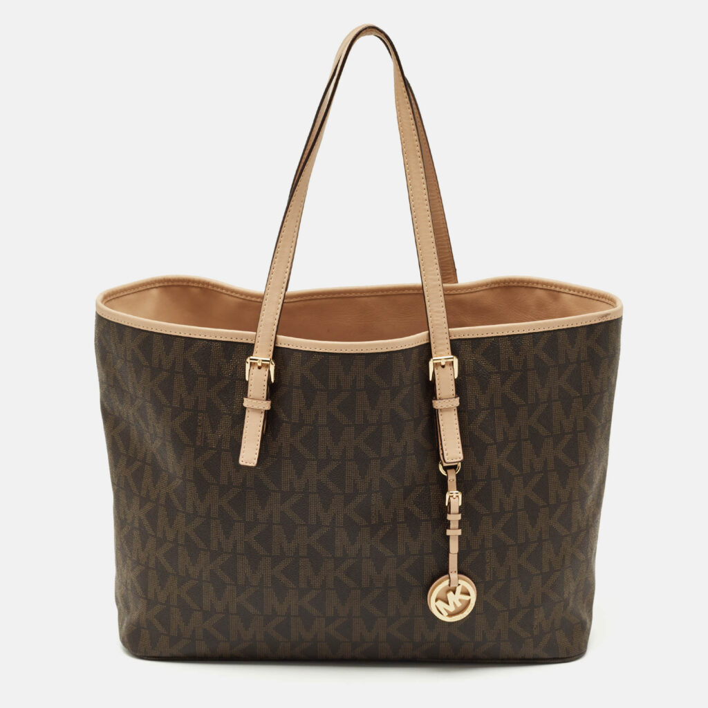MICHAEL Michael Kors Dark Brown Signature Coated Canvas Large Jet Set Travel Tote MICHAEL Michael Kors Dark Brown Signature Coated Canvas Large Jet Set Travel Tote