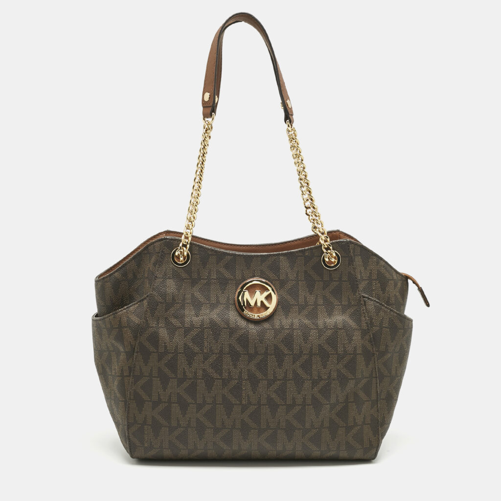 MICHAEL Michael Kors Brown Signature Coated Canvas Jet Set Travel Chain Tote
