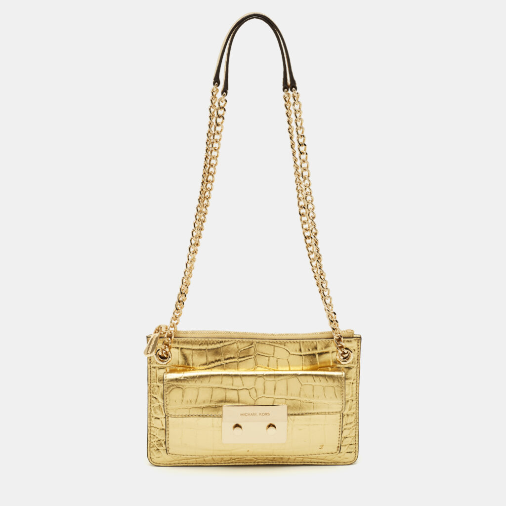 MICHAEL Michael Kors Flat Sloan Gold Croc Embossed Leather Shoulder Bag
