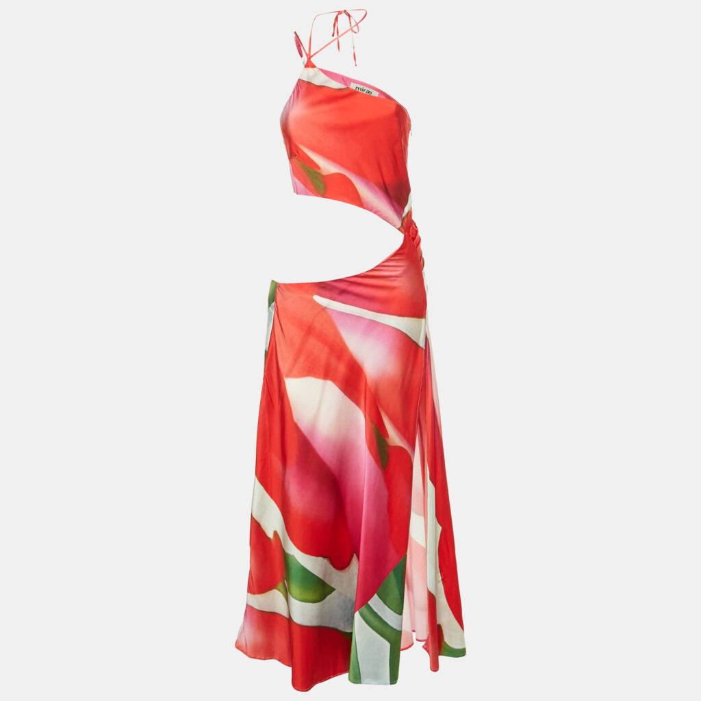 Mirae Multicolor Printed Satin Cu-Out Ocean Tulip Dress S Mirae Multicolor Printed Satin Cu-Out Ocean Tulip Dress S