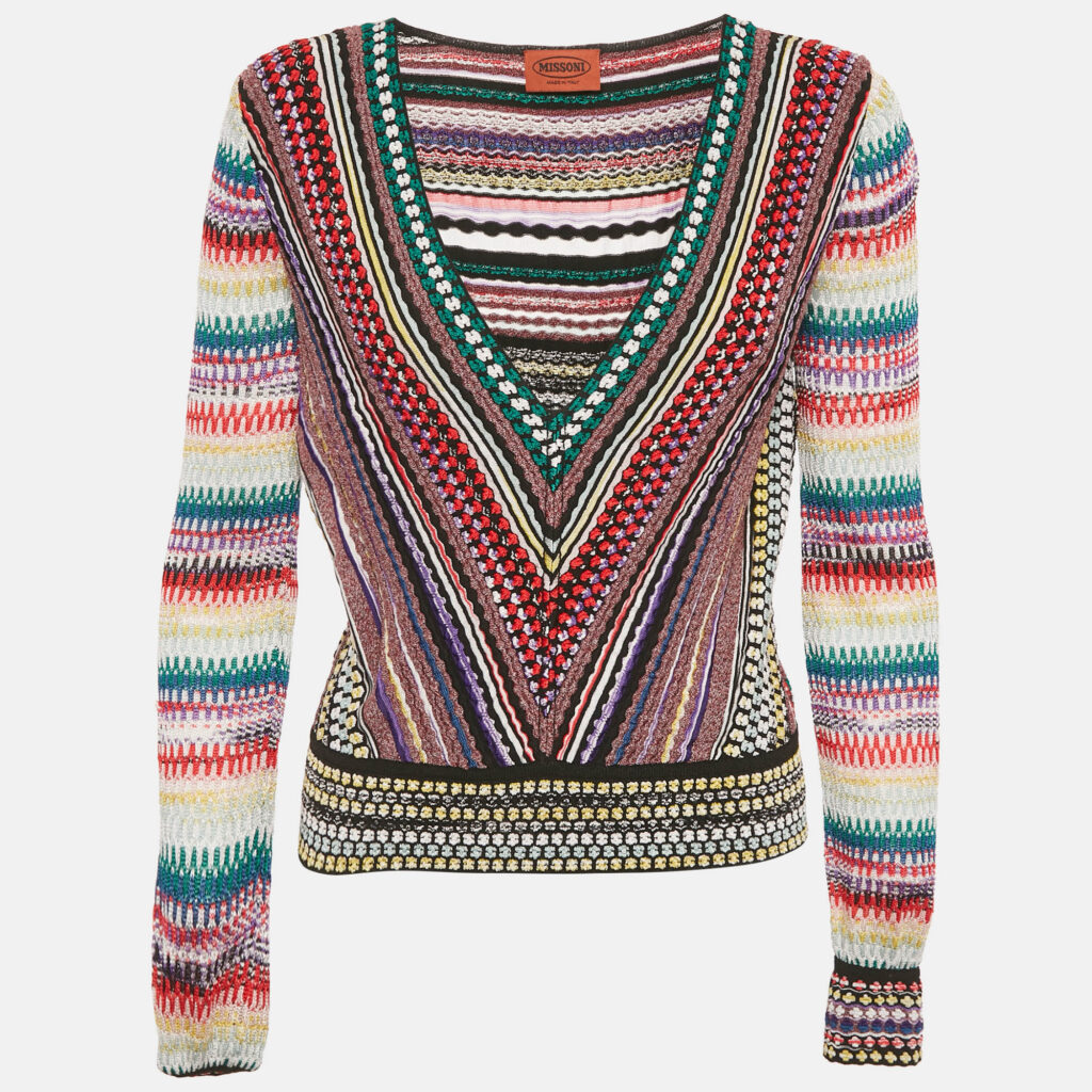 Missoni Multicolor Textured Knit V-Neck Pullover M Missoni Multicolor Textured Knit V-Neck Pullover M