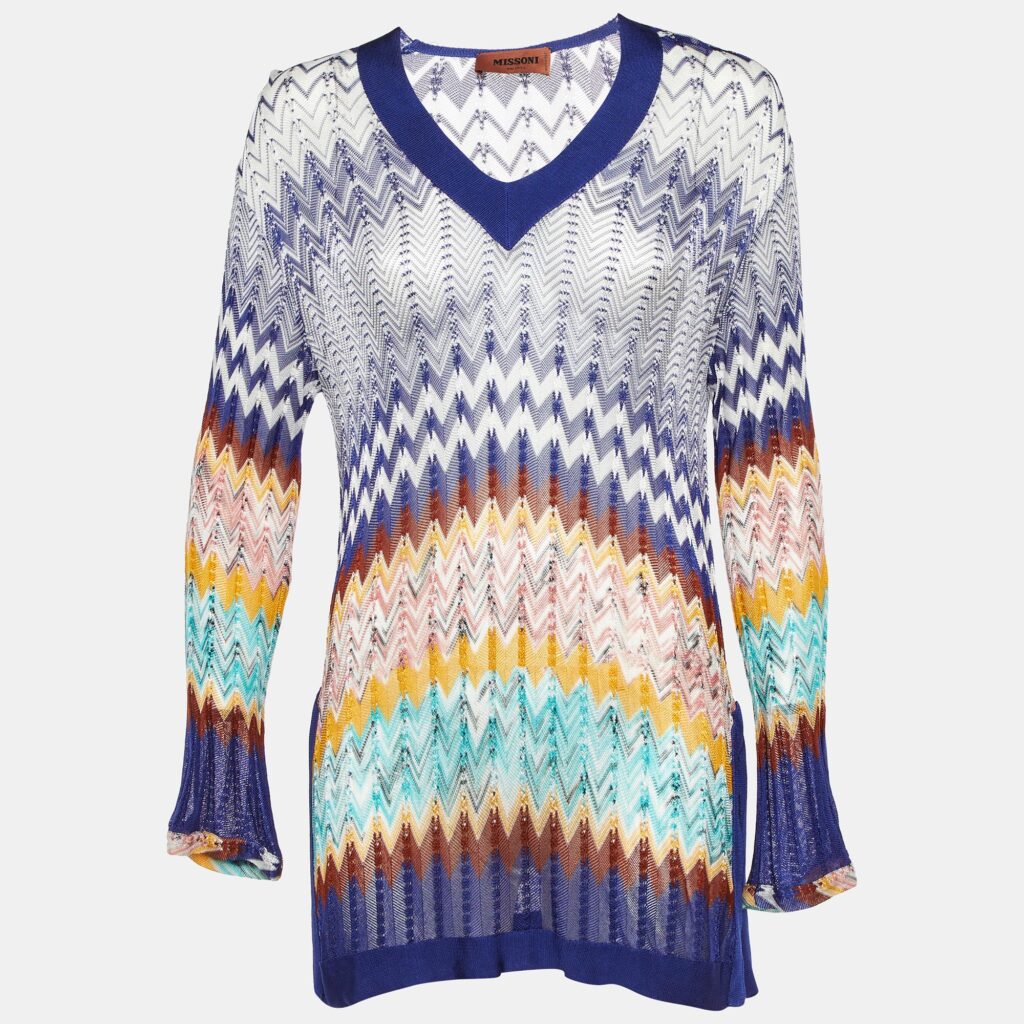 Missoni Blue Chevron Knit V-Neck Sheer Tunic S Missoni Blue Chevron Knit V-Neck Sheer Tunic S