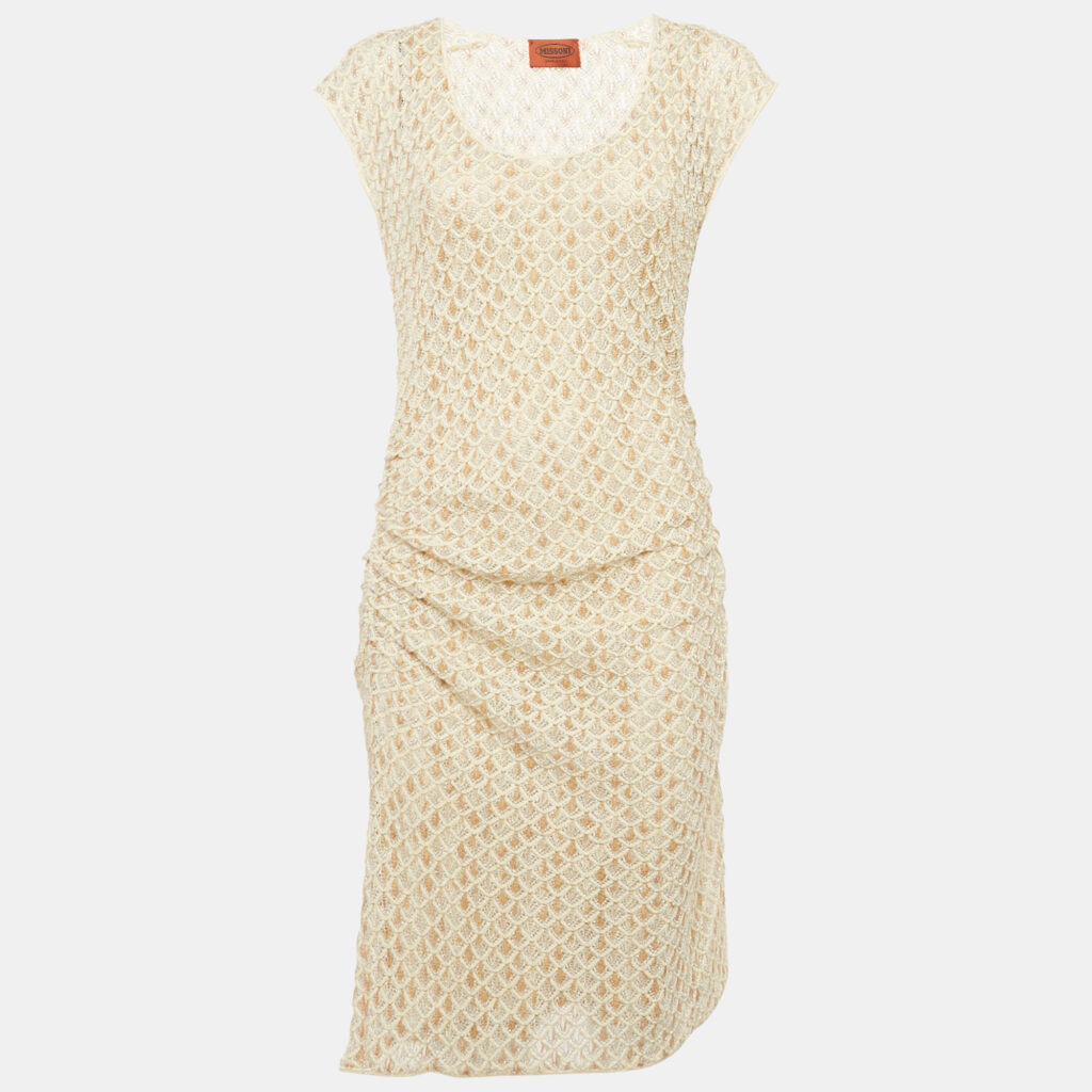 Missoni Beige Patterned Lurex Knit Ruche Midi Dress M