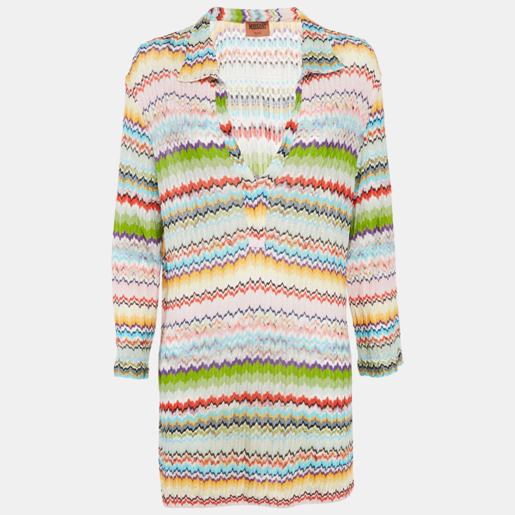 Missoni Multicolor Patterned Knit Plunge Neck Tunic Top M