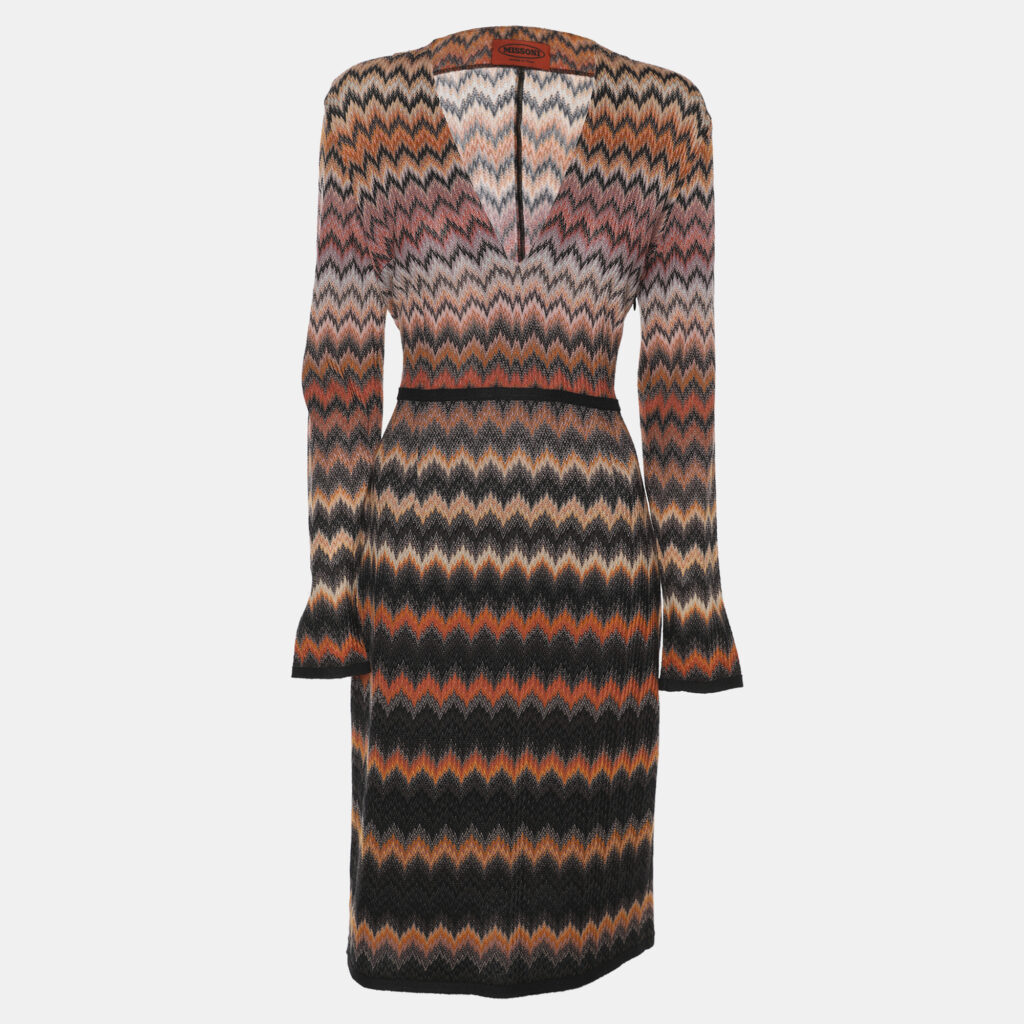 Missoni Multicolor Zig Zag Print Rib Knit Long Sleeve V Neck Midi Dress M Missoni Multicolor Zig Zag Print Rib Knit Long Sleeve V Neck Midi Dress M