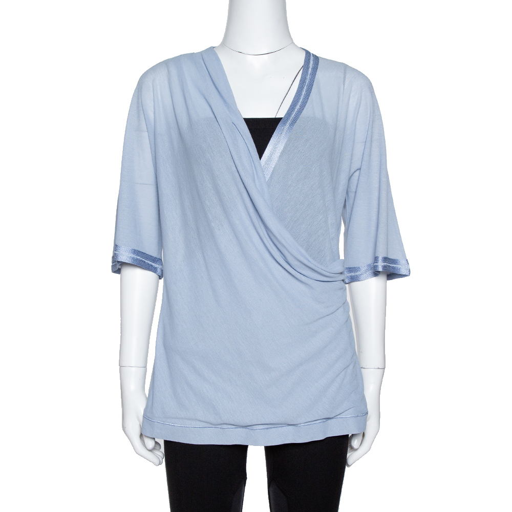 Missoni Blue Knit Crossover Draped Three Quarter Sleeve Top S Missoni Blue Knit Crossover Draped Three Quarter Sleeve Top S