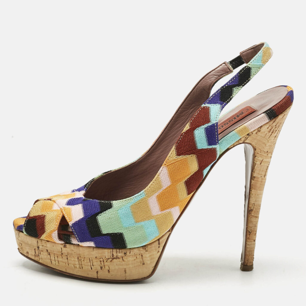 Missoni Multicolor Knit Fabric Platform Peep Toe Slingback Sandals Size 39 Missoni Multicolor Knit Fabric Platform Peep Toe Slingback Sandals Size 39
