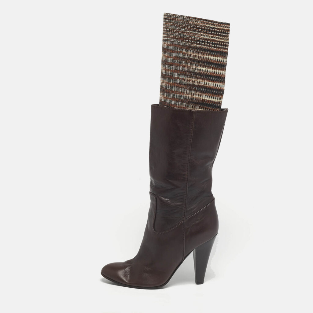 Missoni Brown Leather and Knit Fabric Knee High Boots Size 37.5 Missoni Brown Leather and Knit Fabric Knee High Boots Size 37.5